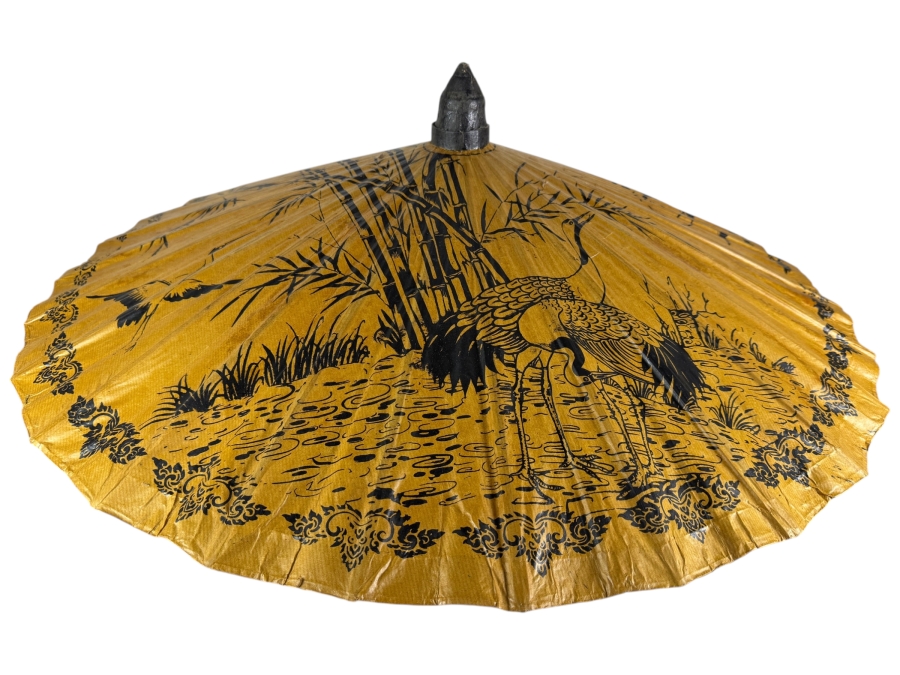 Just Added - Vintage Thai Gold Oil Paper Umbrella Parasol With Hand Painted Cranes And Bamboo 26'H