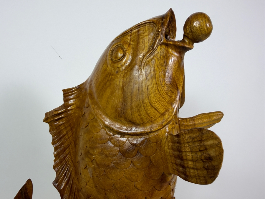 Just Added - Vintage Chinese Hand-Carved Hardwood Sculpture Three Koi Carp Fish Leaping From Waves 10'W X 18'H [Photo 4]