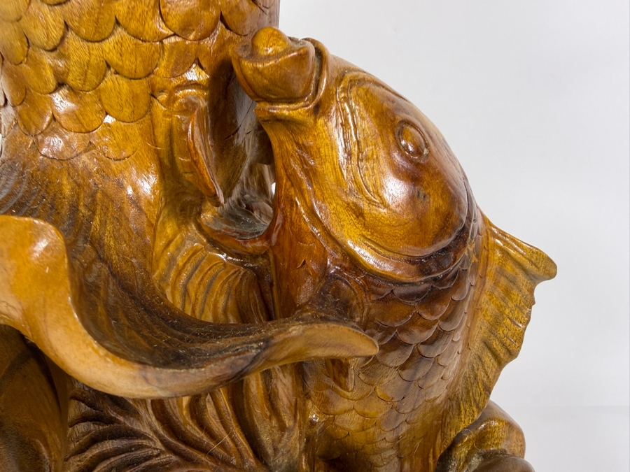 Just Added - Vintage Chinese Hand-Carved Hardwood Sculpture Three Koi Carp Fish Leaping From Waves 10'W X 18'H [Photo 3]