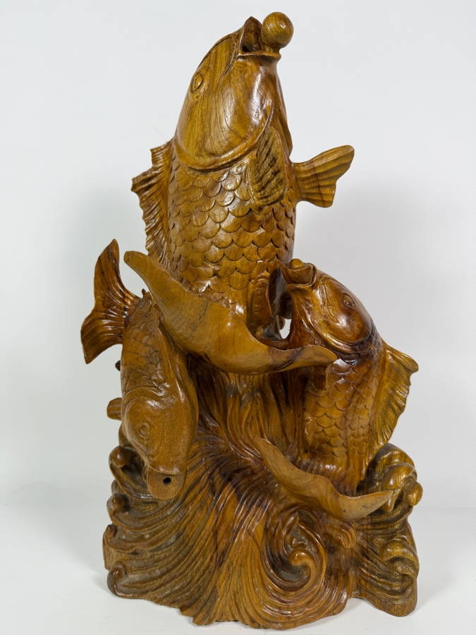 Just Added - Vintage Chinese Hand-Carved Hardwood Sculpture Three Koi Carp Fish Leaping From Waves 10'W X 18'H [Photo 2]