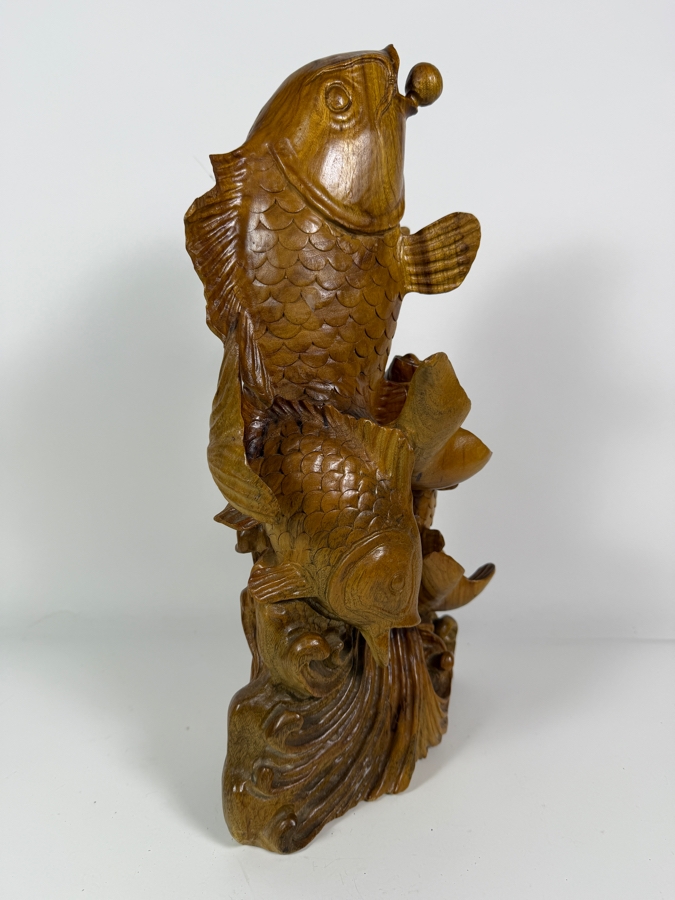 Just Added - Vintage Chinese Hand-Carved Hardwood Sculpture Three Koi Carp Fish Leaping From Waves 10'W X 18'H [Photo 5]