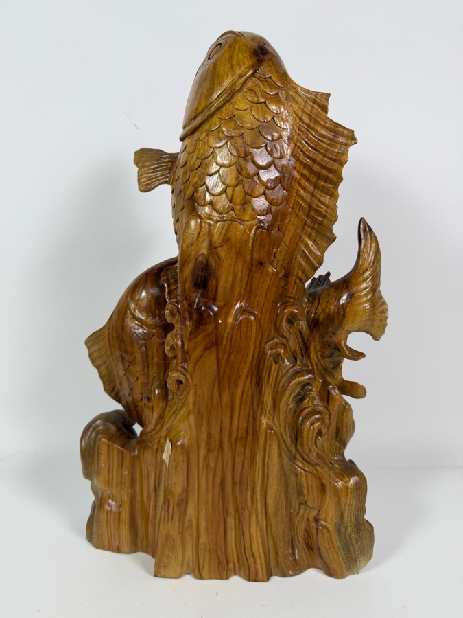 Just Added - Vintage Chinese Hand-Carved Hardwood Sculpture Three Koi Carp Fish Leaping From Waves 10'W X 18'H [Photo 6]