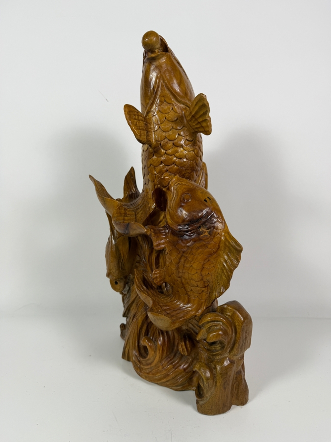 Just Added - Vintage Chinese Hand-Carved Hardwood Sculpture Three Koi Carp Fish Leaping From Waves 10'W X 18'H [Photo 8]