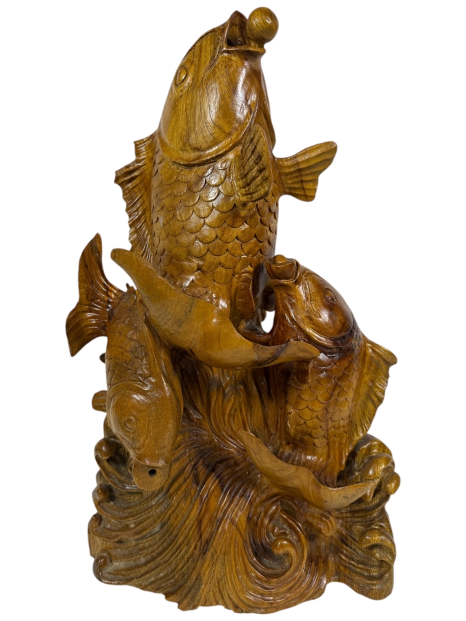 Just Added - Vintage Chinese Hand-Carved Hardwood Sculpture Three Koi Carp Fish Leaping From Waves 10'W X 18'H