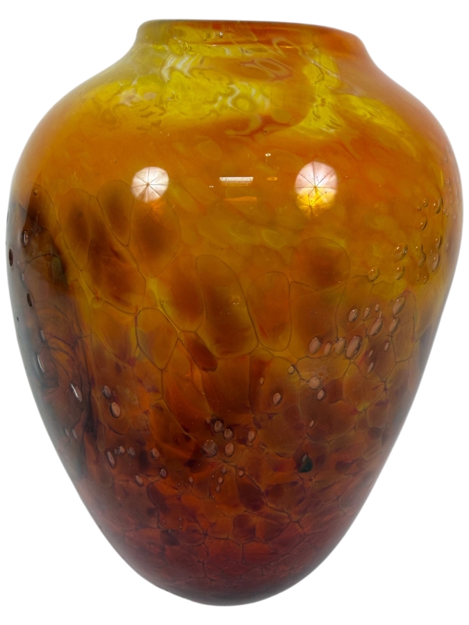 Just Added - Vintage Murano Style Amber Tortoiseshell Mottled Art Glass Ovoid Vase 6'H