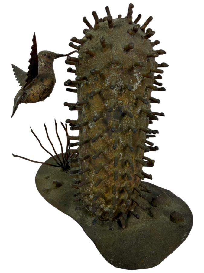 Just Added - Allan Kravitz Signed Brutalist Welded Metal Hummingbird And Cactus Sculpture 6'H
