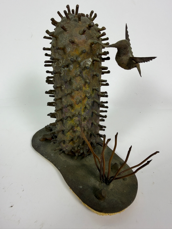 Just Added - Allan Kravitz Signed Brutalist Welded Metal Hummingbird And Cactus Sculpture 6'H [Photo 2]