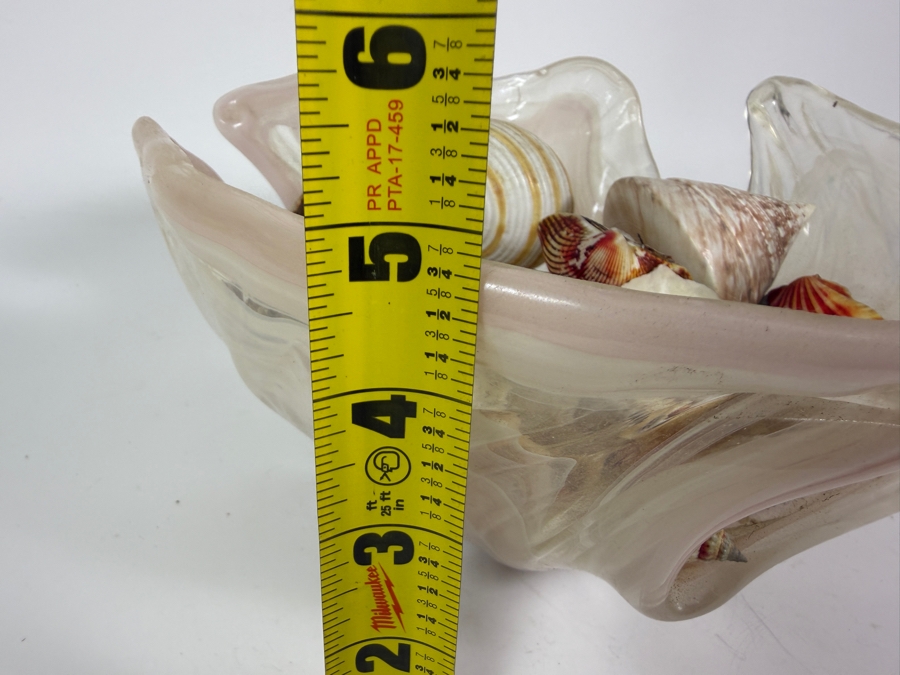 Just Added - Vintage Murano Style Pink Clam Shell Shaped Art Glass Bowl Filled With Sea Shells 9'W X 5'H [Photo 5]