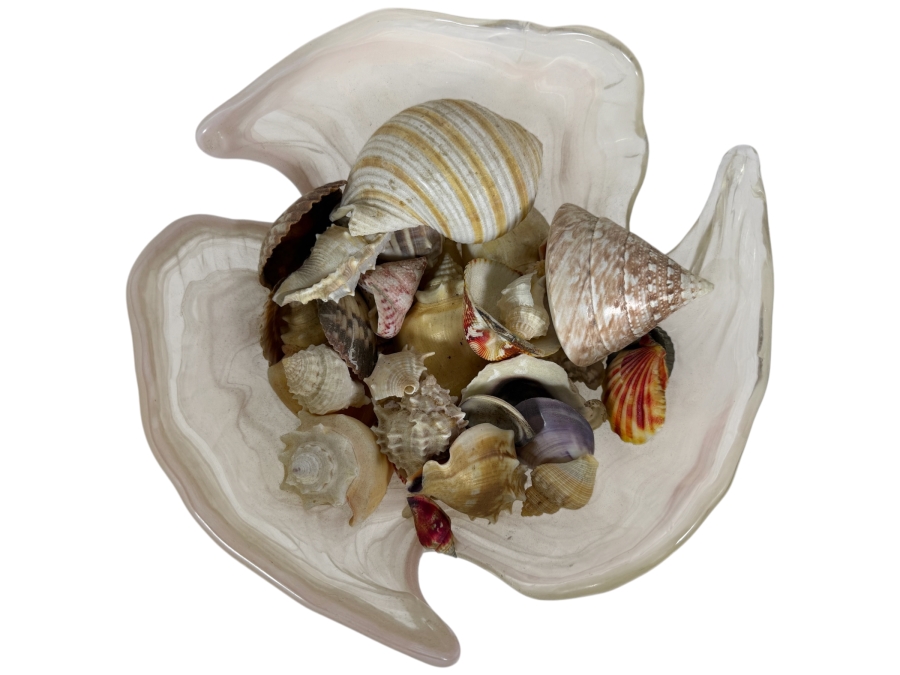 Just Added - Vintage Murano Style Pink Clam Shell Shaped Art Glass Bowl Filled With Sea Shells 9'W X 5'H