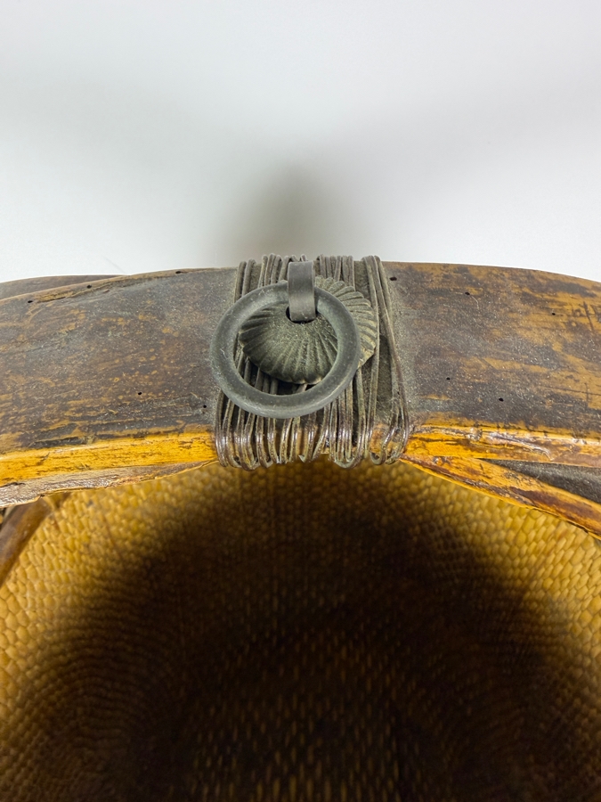 Just Added - Antique Chinese Woven Bamboo Rice Bucket Basket With Inscribed Wood Handle 24'H [Photo 5]