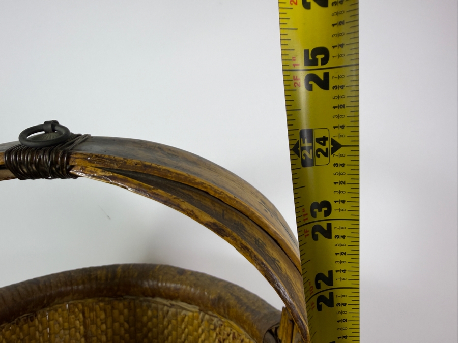 Just Added - Antique Chinese Woven Bamboo Rice Bucket Basket With Inscribed Wood Handle 24'H [Photo 10]