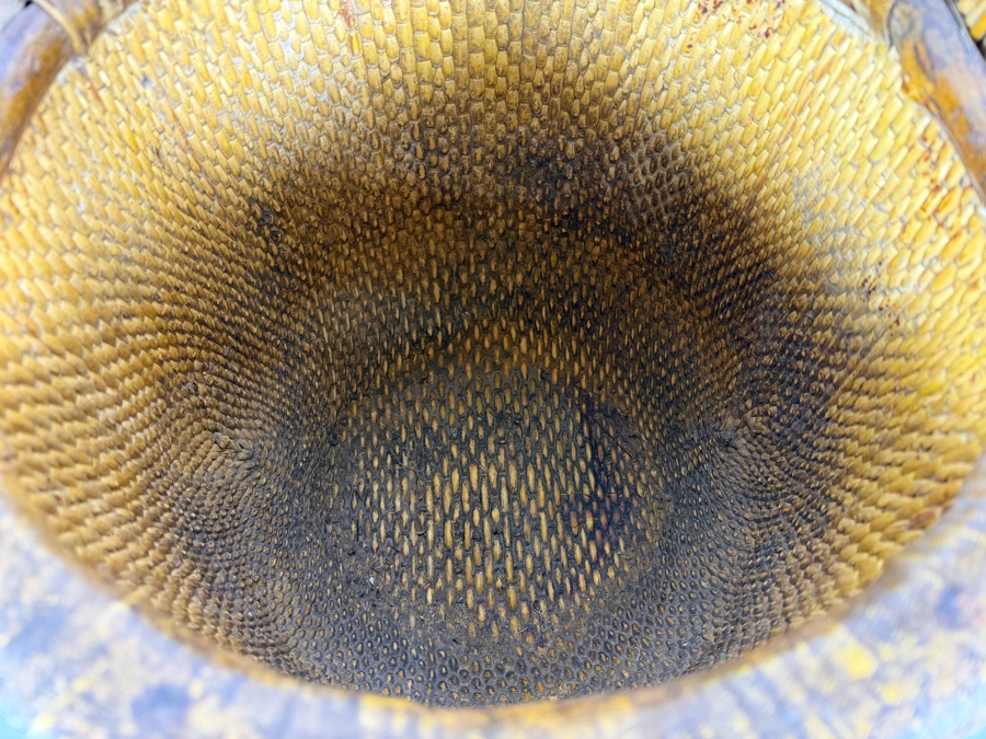 Just Added - Antique Chinese Woven Bamboo Rice Bucket Basket With Inscribed Wood Handle 24'H [Photo 8]