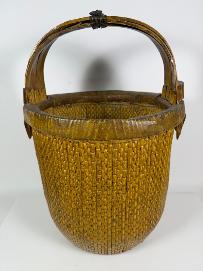 Just Added - Antique Chinese Woven Bamboo Rice Bucket Basket With Inscribed Wood Handle 24'H [Photo 4]
