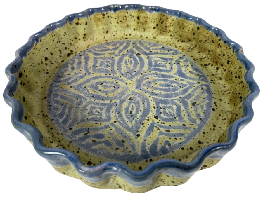 Just Added - Signed Studio Art Pottery Yellow And Blue Fluted Pie Tart Baking Dish 10'W X 2'H