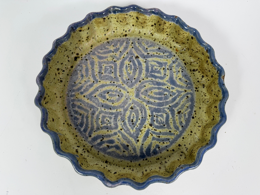 Just Added - Signed Studio Art Pottery Yellow And Blue Fluted Pie Tart Baking Dish 10'W X 2'H [Photo 2]