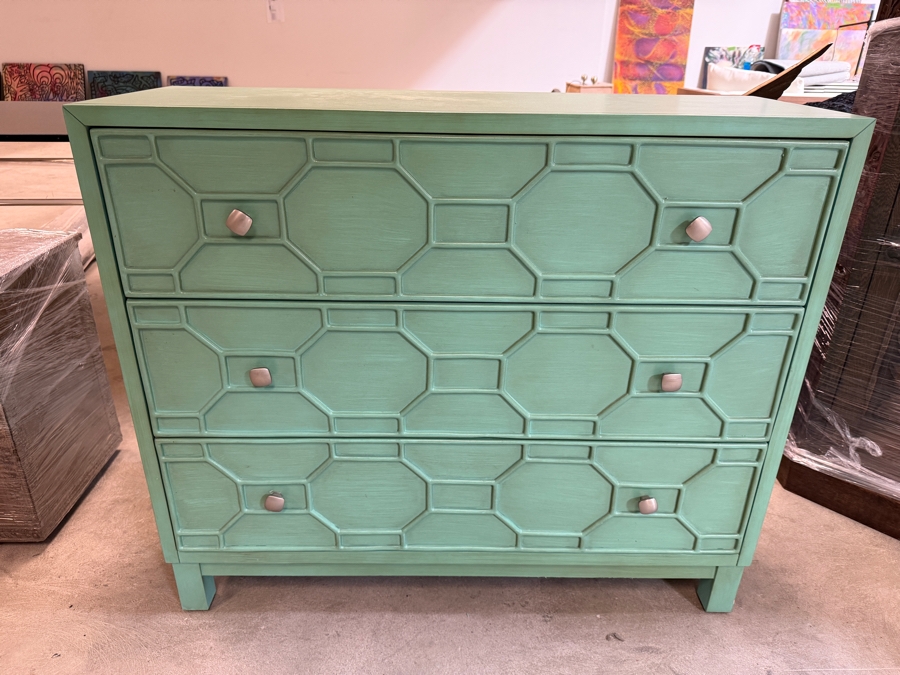 Just Added - Walter Of Wabash Painted Mint Green Fretwork Three Drawer Dresser 40'W X 14'D X 34'H [Photo 2]