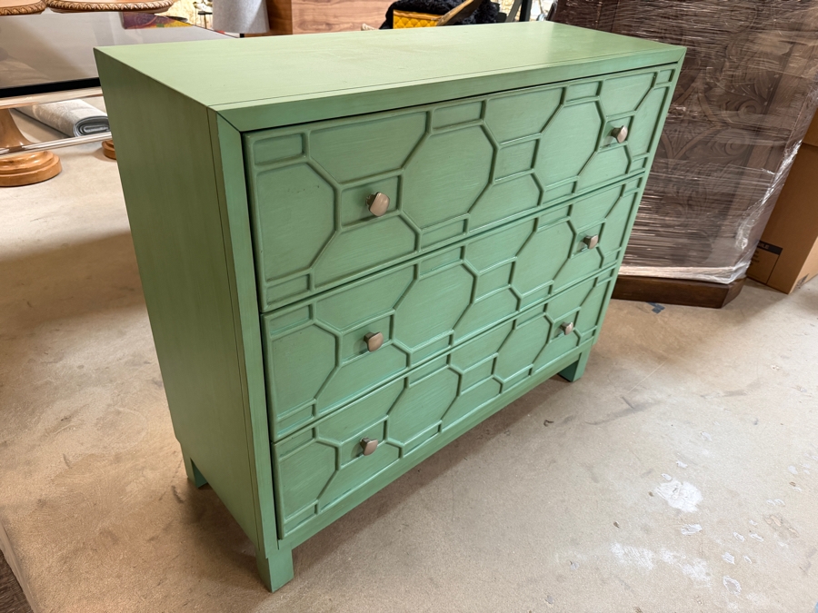 Just Added - Walter Of Wabash Painted Mint Green Fretwork Three Drawer Dresser 40'W X 14'D X 34'H [Photo 3]