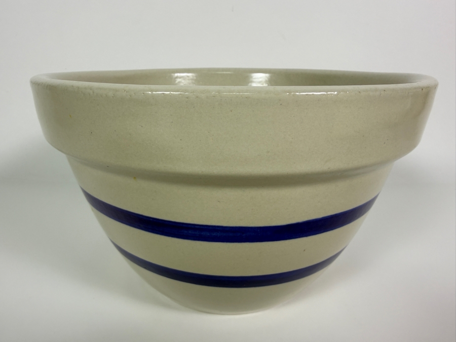 Just Added - Vintage R.R.P. Co Roseville Ohio No 9 Blue Banded Stoneware Mixing Bowl 9'W X 6'H [Photo 2]