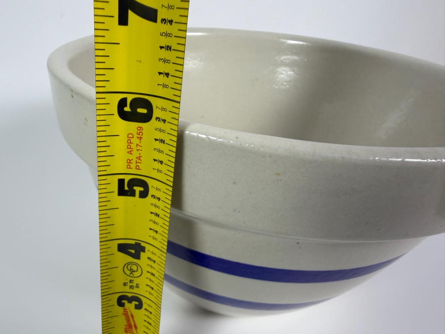 Just Added - Vintage R.R.P. Co Roseville Ohio No 9 Blue Banded Stoneware Mixing Bowl 9'W X 6'H [Photo 7]