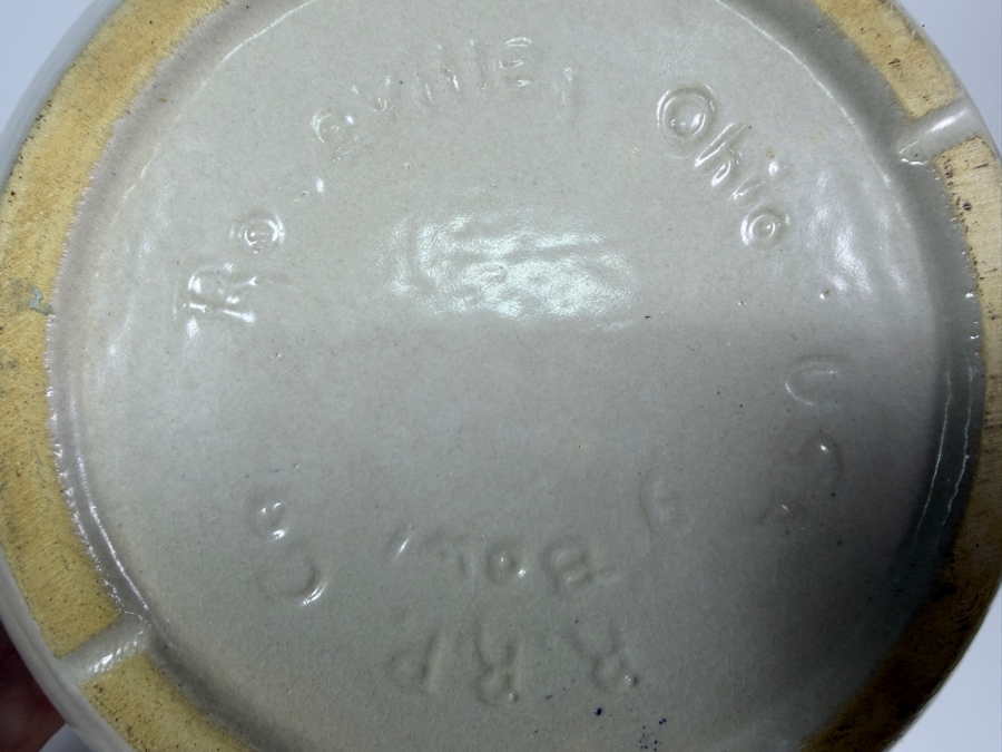 Just Added - Vintage R.R.P. Co Roseville Ohio No 9 Blue Banded Stoneware Mixing Bowl 9'W X 6'H [Photo 4]