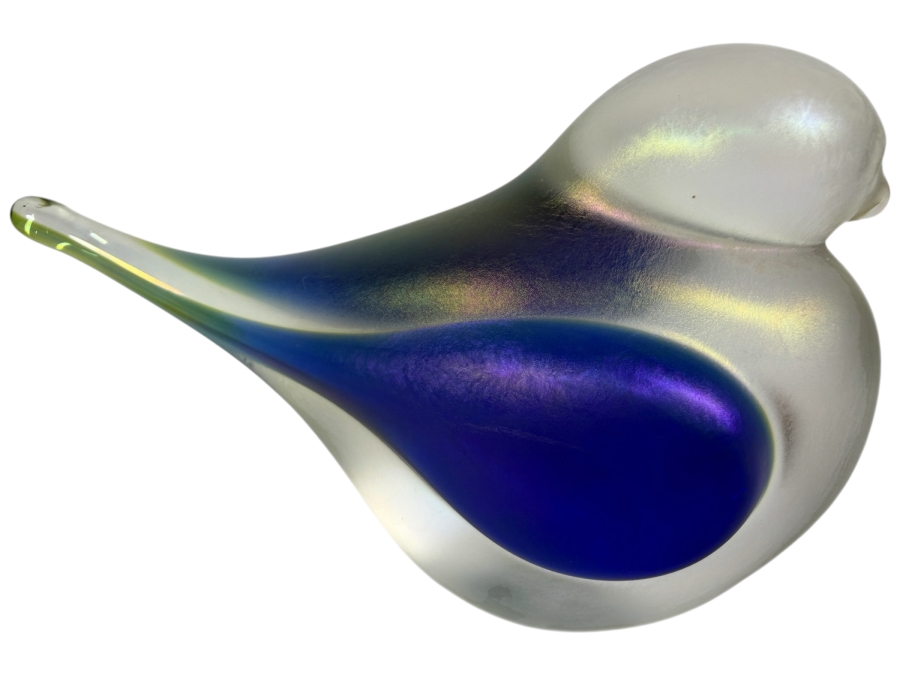 Just Added - Zellique Studio Joseph Morel Cobalt Blue Iridescent Frosted Art Glass Bird Paperweight 5'W X 2.5'H