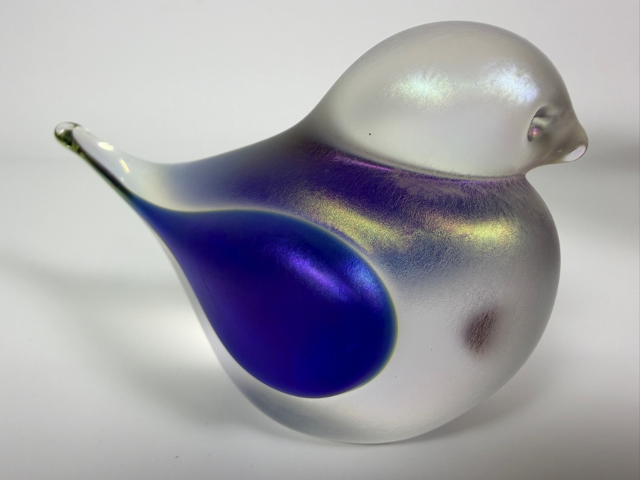 Just Added - Zellique Studio Joseph Morel Cobalt Blue Iridescent Frosted Art Glass Bird Paperweight 5'W X 2.5'H [Photo 2]