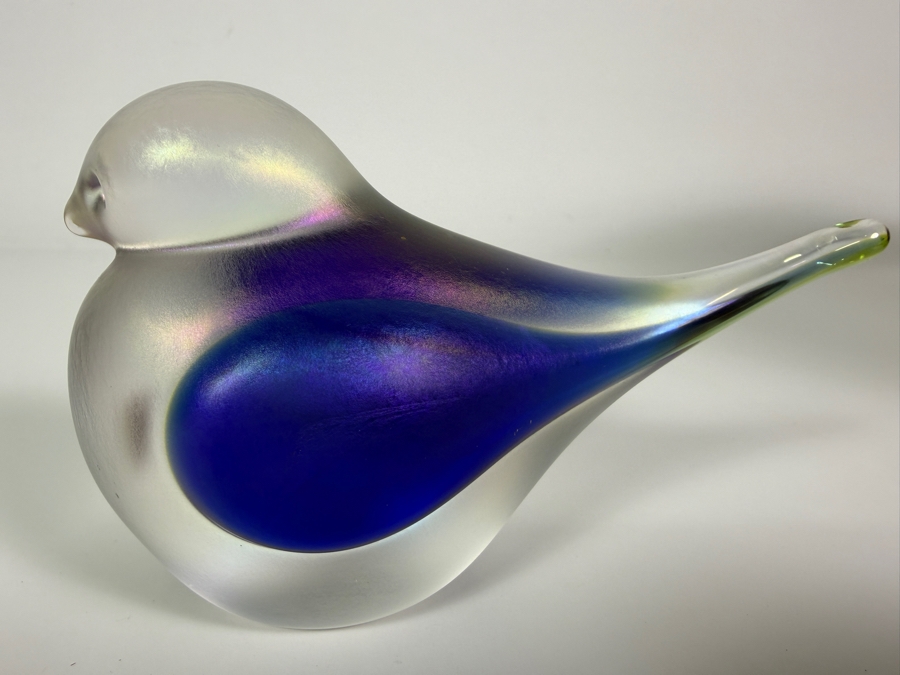 Just Added - Zellique Studio Joseph Morel Cobalt Blue Iridescent Frosted Art Glass Bird Paperweight 5'W X 2.5'H [Photo 3]