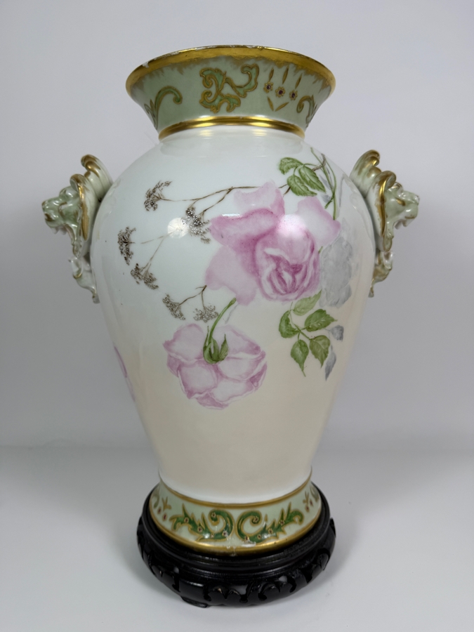 Just Added - Antique D & Co France Limoges Hand Painted Pink Roses Porcelain Twin Handle Urn Vase 16.5'H [Photo 5]