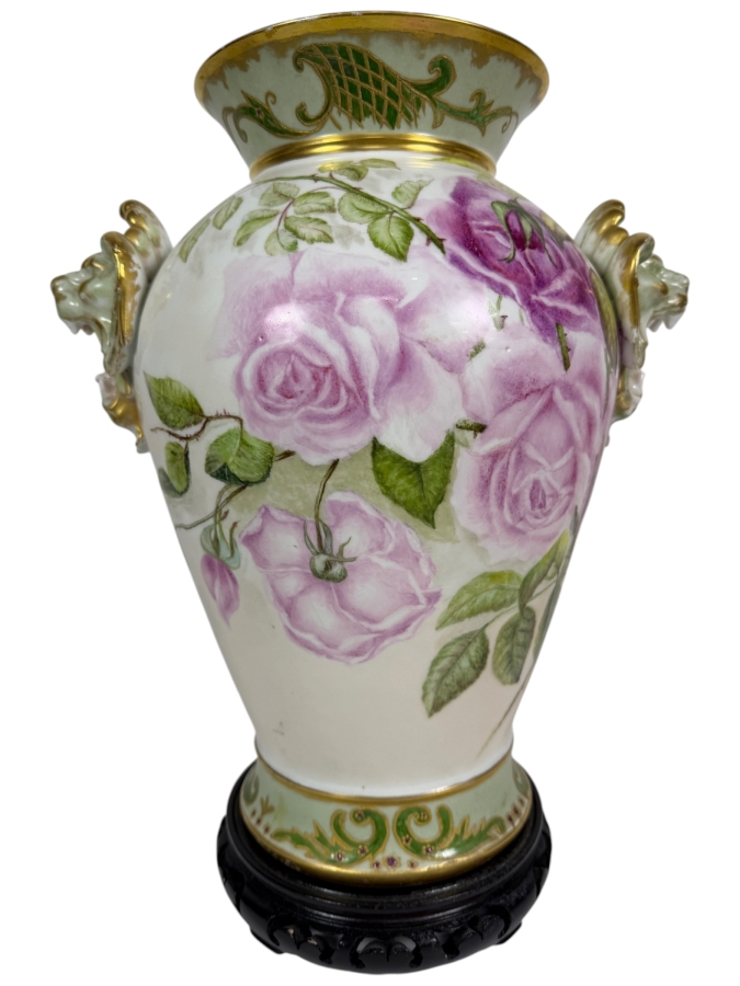 Just Added - Antique D & Co France Limoges Hand Painted Pink Roses Porcelain Twin Handle Urn Vase 16.5'H