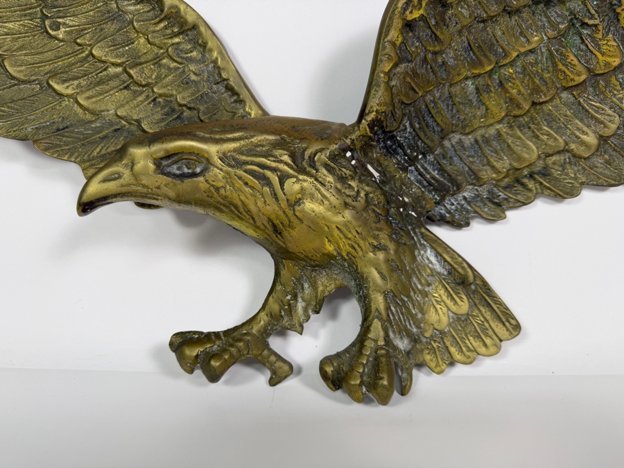 Just Added - Vintage Mid-Century Federal Style Cast Brass Swooping American Eagle Wall Plaque Decor 28'W X 9'H [Photo 2]
