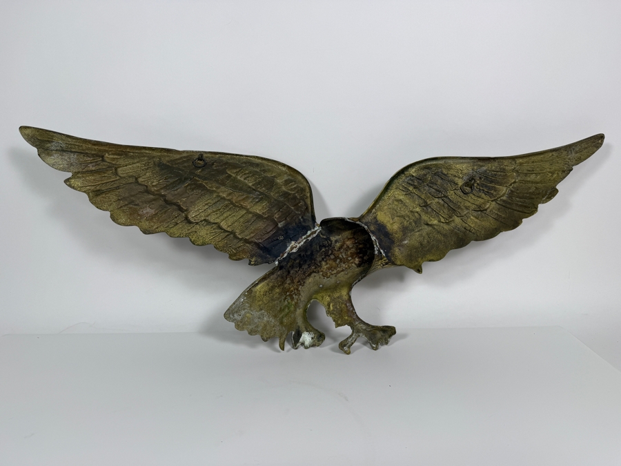 Just Added - Vintage Mid-Century Federal Style Cast Brass Swooping American Eagle Wall Plaque Decor 28'W X 9'H [Photo 3]