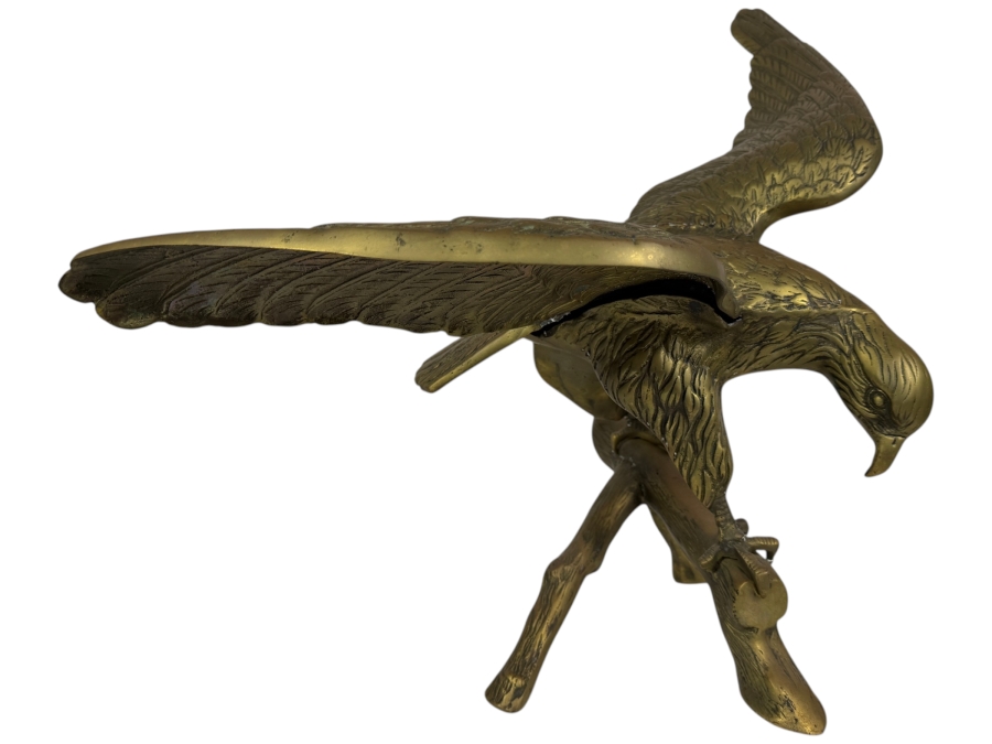 Just Added - Vintage Mid-Century Brass American Bald Eagle On Tree Branch Statue Sculpture 23'W X 14'D X 20'H