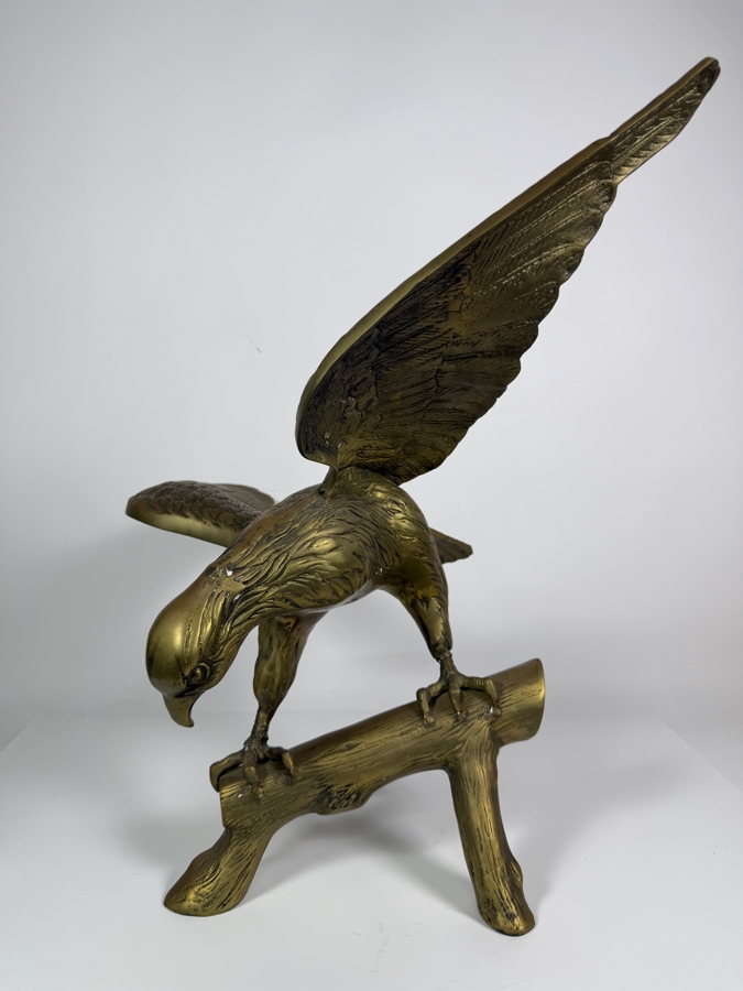 Just Added - Vintage Mid-Century Brass American Bald Eagle On Tree Branch Statue Sculpture 23'W X 14'D X 20'H [Photo 3]