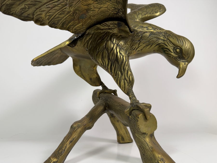 Just Added - Vintage Mid-Century Brass American Bald Eagle On Tree Branch Statue Sculpture 23'W X 14'D X 20'H [Photo 4]