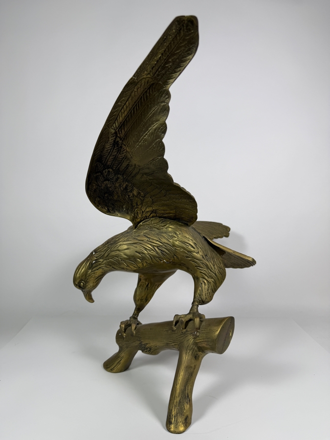 Just Added - Vintage Mid-Century Brass American Bald Eagle On Tree Branch Statue Sculpture 23'W X 14'D X 20'H [Photo 2]