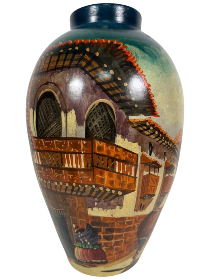 Just Added - Morit Signed Vintage Peruvian Hand Painted Terracotta Pottery Vase With Colonial Street Scene 16'H