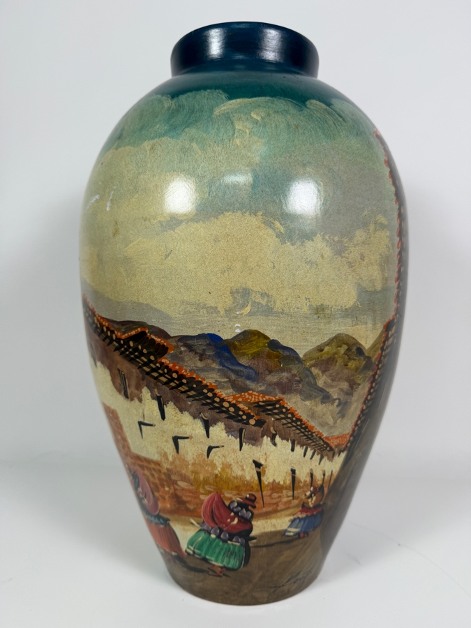 Just Added - Morit Signed Vintage Peruvian Hand Painted Terracotta Pottery Vase With Colonial Street Scene 16'H [Photo 3]