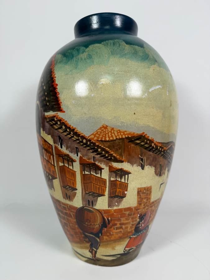 Just Added - Morit Signed Vintage Peruvian Hand Painted Terracotta Pottery Vase With Colonial Street Scene 16'H [Photo 2]