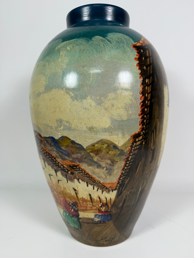 Just Added - Morit Signed Vintage Peruvian Hand Painted Terracotta Pottery Vase With Colonial Street Scene 16'H [Photo 4]