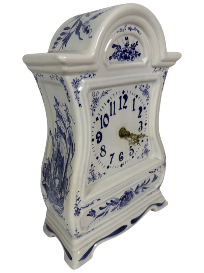 Just Added - Piet Van Rossum 1978 Hand Painted Delft Blue Ceramic Delftware Mantel Clock #2623 9'W X 4'D X 14'H