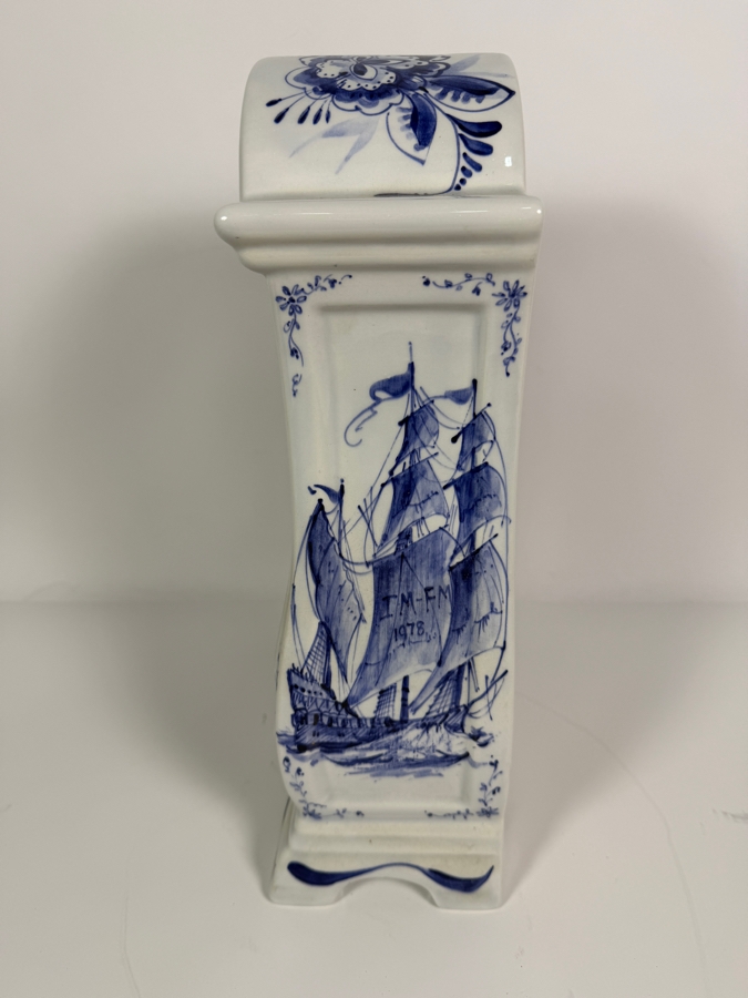 Just Added - Piet Van Rossum 1978 Hand Painted Delft Blue Ceramic Delftware Mantel Clock #2623 9'W X 4'D X 14'H [Photo 6]