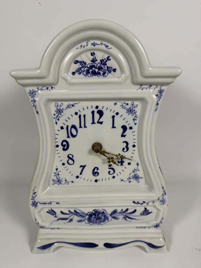 Just Added - Piet Van Rossum 1978 Hand Painted Delft Blue Ceramic Delftware Mantel Clock #2623 9'W X 4'D X 14'H [Photo 2]