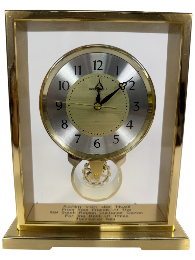 Just Added - Vintage 1988 Howard Miller Brass Glass Pendulum Mantel Clock Presentation Award 7'W X 8'H