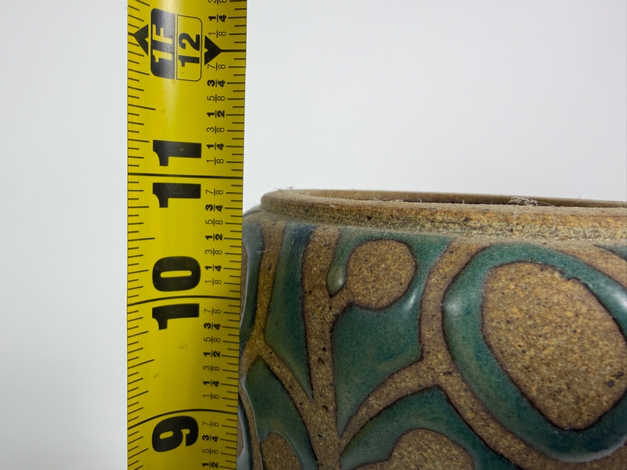 Just Added - Vintage Mid-Century Modern Teal Wax Resist Circle Vine Stoneware Studio Pottery Cylinder Vase 11'H [Photo 7]