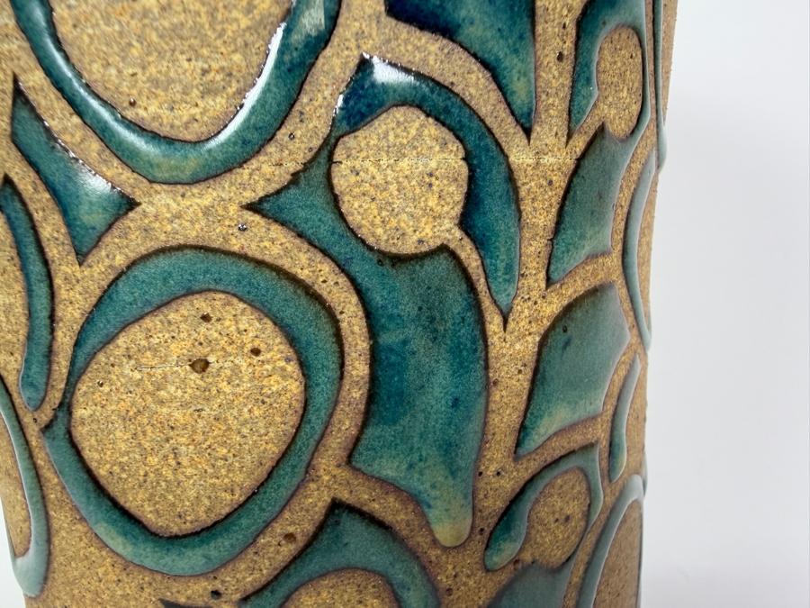 Just Added - Vintage Mid-Century Modern Teal Wax Resist Circle Vine Stoneware Studio Pottery Cylinder Vase 11'H [Photo 3]