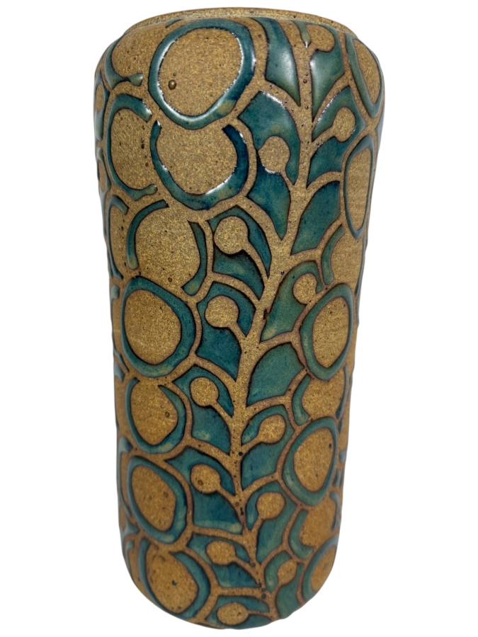 Just Added - Vintage Mid-Century Modern Teal Wax Resist Circle Vine Stoneware Studio Pottery Cylinder Vase 11'H