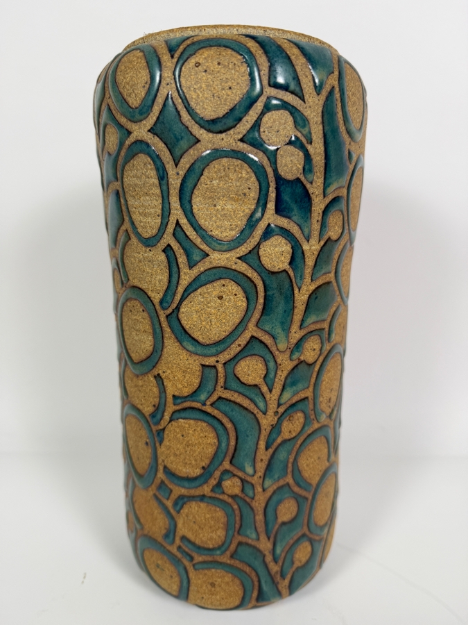 Just Added - Vintage Mid-Century Modern Teal Wax Resist Circle Vine Stoneware Studio Pottery Cylinder Vase 11'H [Photo 2]