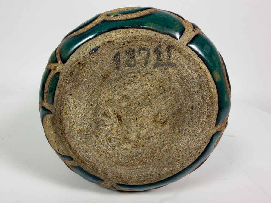 Just Added - Vintage Mid-Century Modern Teal Wax Resist Circle Vine Stoneware Studio Pottery Cylinder Vase 11'H [Photo 4]