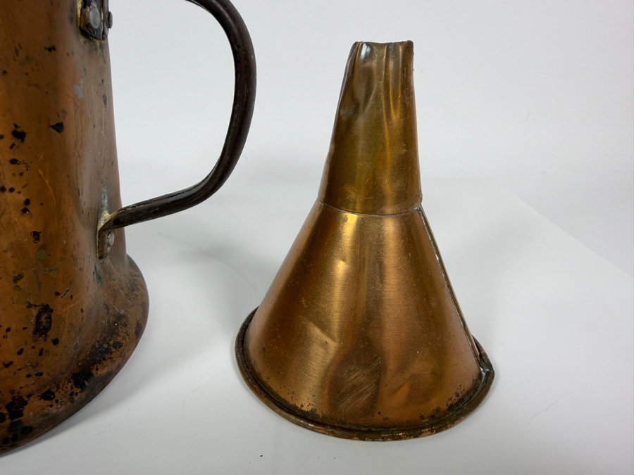 Just Added - Antique Primitive Copper Oil Lamp Tank With Pitcher And Funnel Three Piece Lot 5'H - 5.5'H [Photo 5]