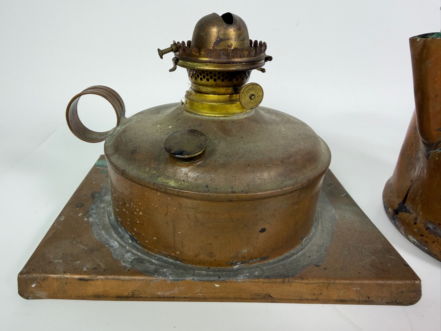 Just Added - Antique Primitive Copper Oil Lamp Tank With Pitcher And Funnel Three Piece Lot 5'H - 5.5'H [Photo 4]